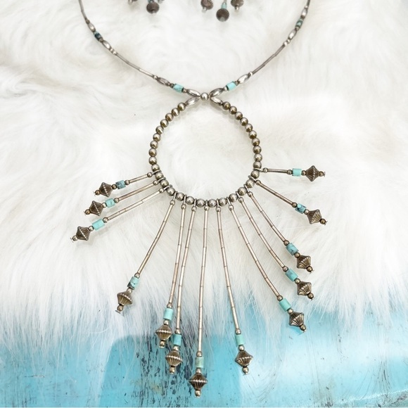 Old Pawn Sterling Silver Necklace/Earring Set Turquoise Heishi Beaded Dangles - Picture 3 of 10